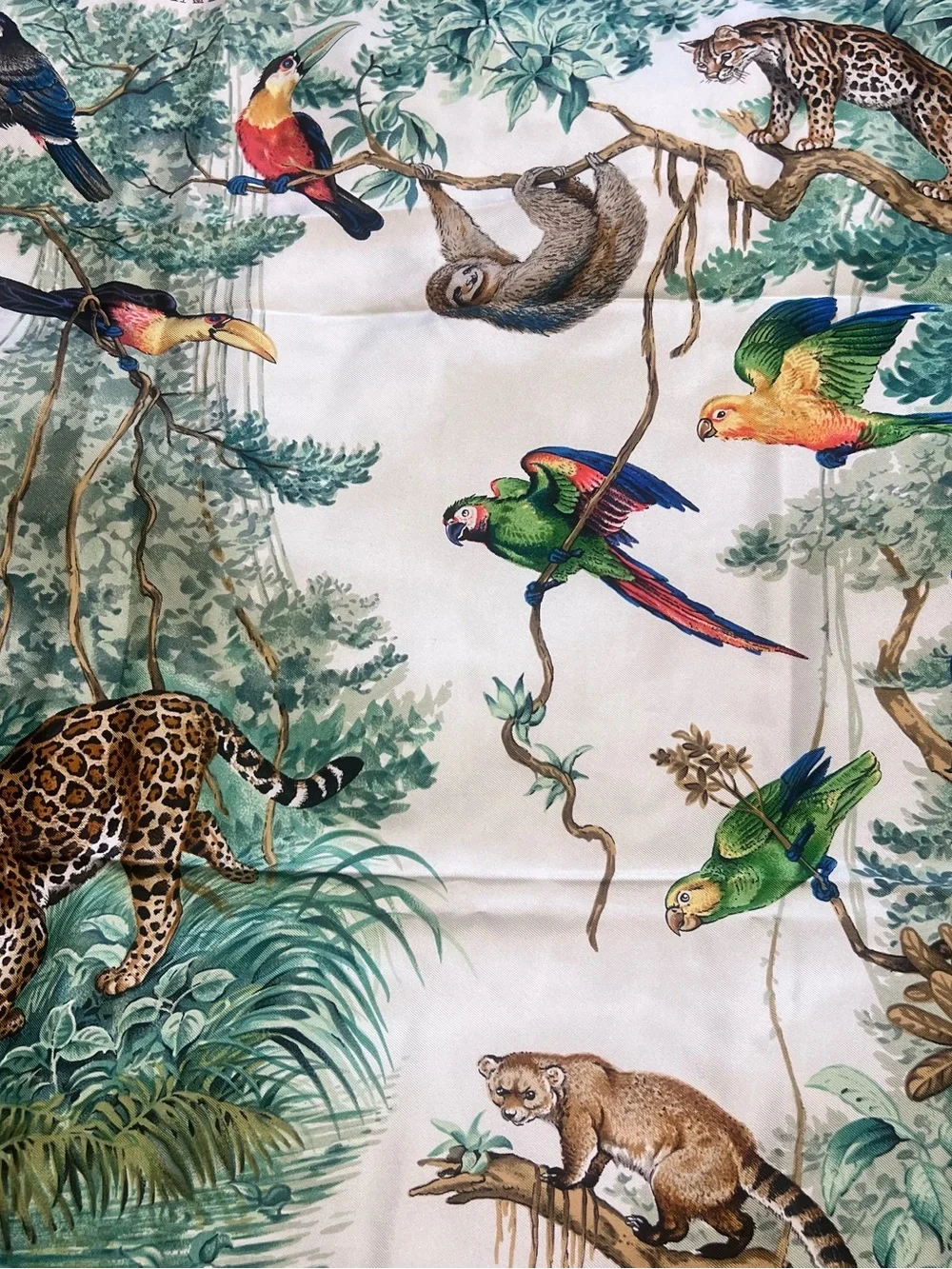 Hermes “ Equateur” Tropical Leaf and Navy 100% Silk Scarf - Picture 6 of 10